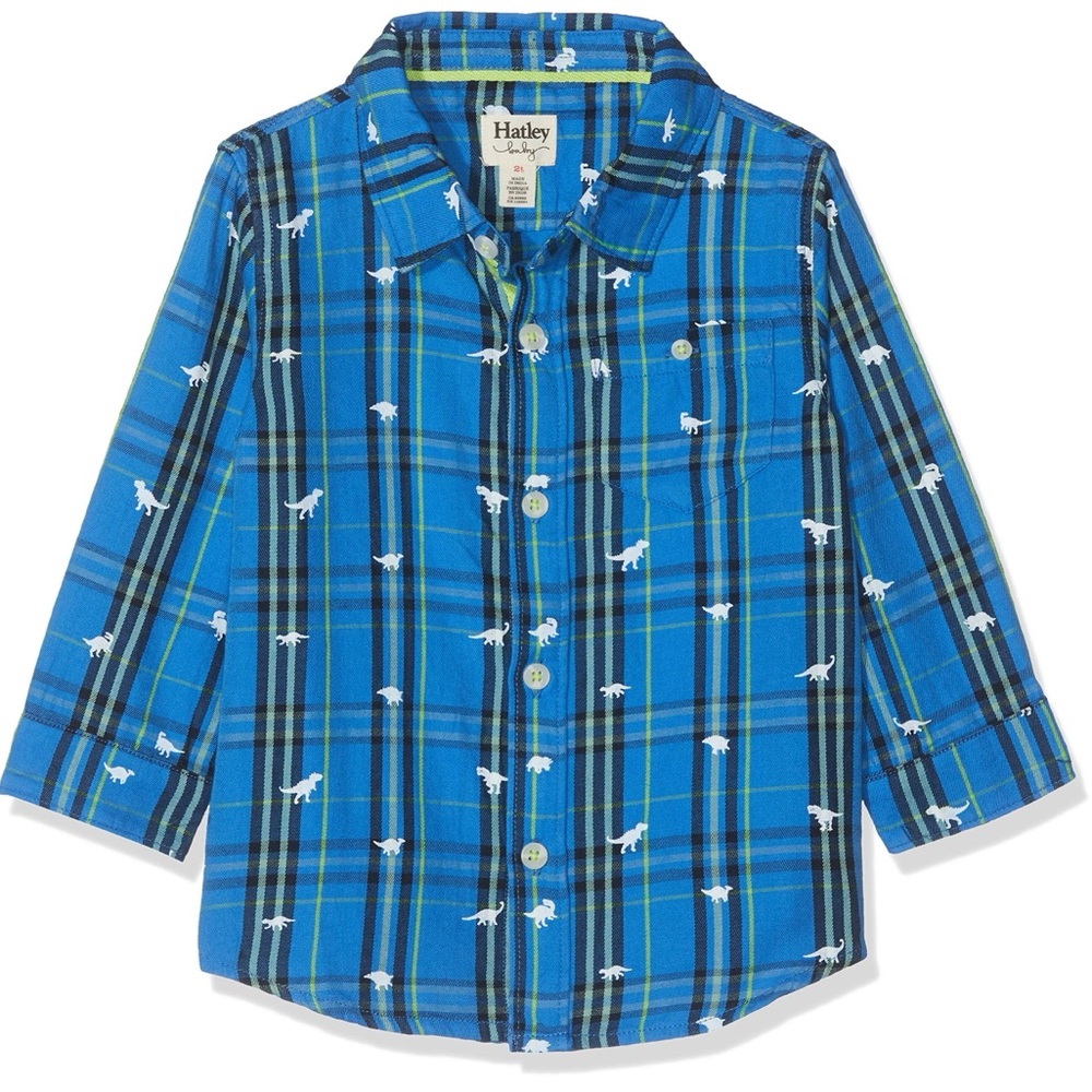 Hatley Plaid Boys Dino Printed Kids Button Down Shirt size 18-24